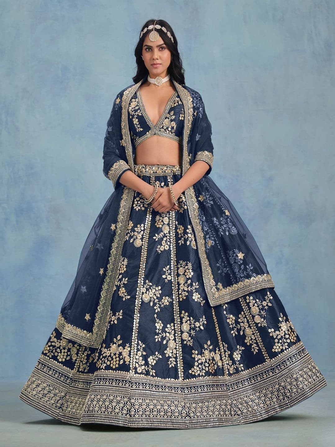 ODETTE Navy Blue Embroidered Sequinned Semi-Stitched Lehenga & Unstitched Blouse With Dupatta - view 1