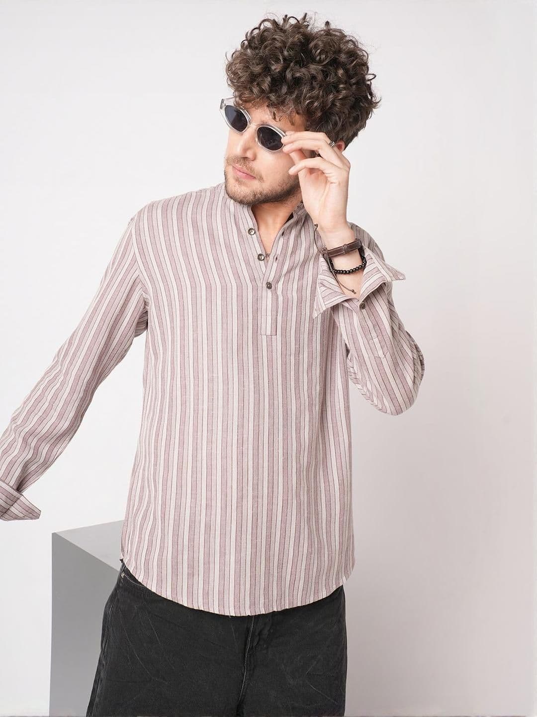 VASTRADO Beads And Stones Cordovan Striped Cotton A-Line Above Knee Kurta - view 1