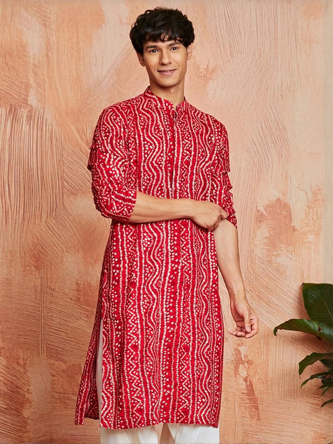 VASTRAMAY Men Bandhani Printed Mandarin Collar Straight Kurta - view 1