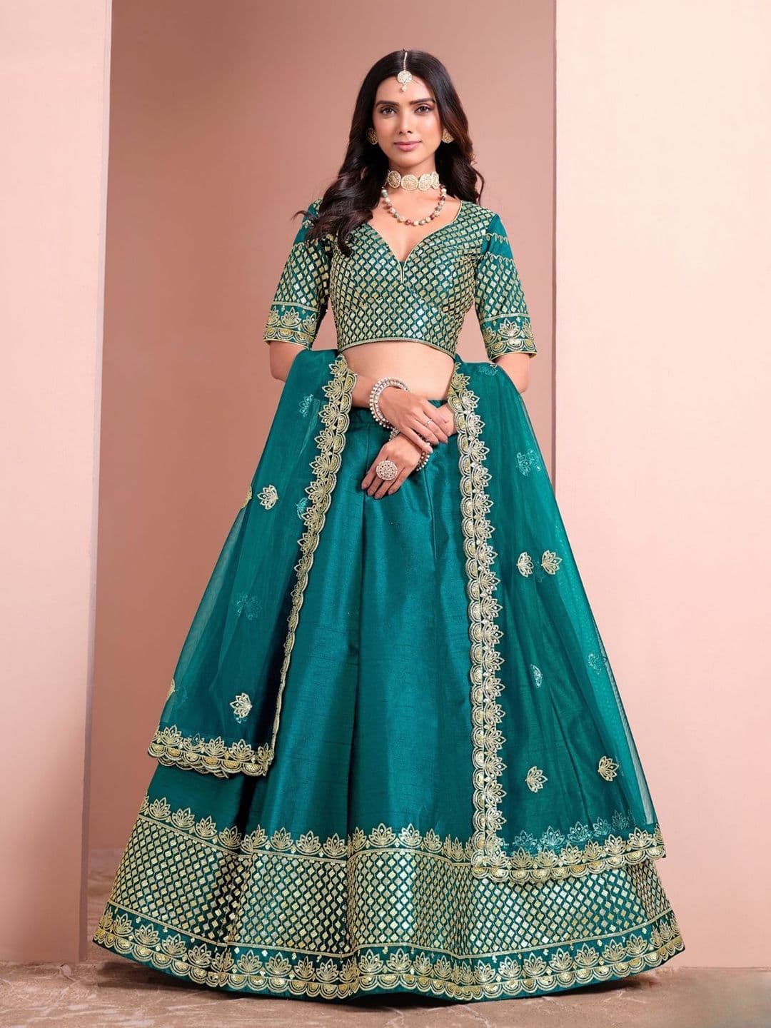 ODETTE Embellished Semi-Stitched Lehenga & Unstitched Blouse With Dupatta - view 1