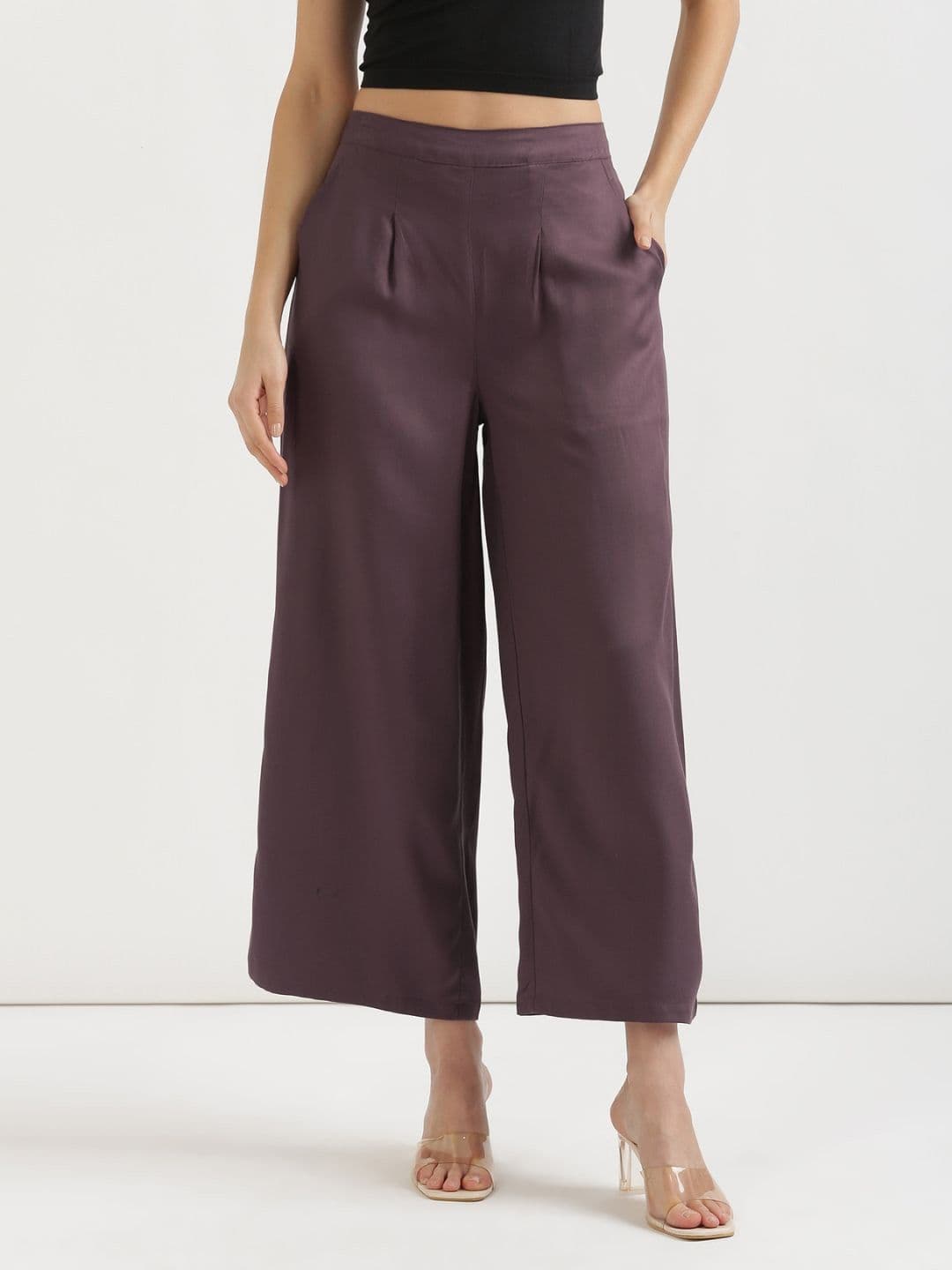 SAADAA Women Wide Leg Mid Rise Elasticated Waistband Viscose Palazzo with 2 Pockets - view 1