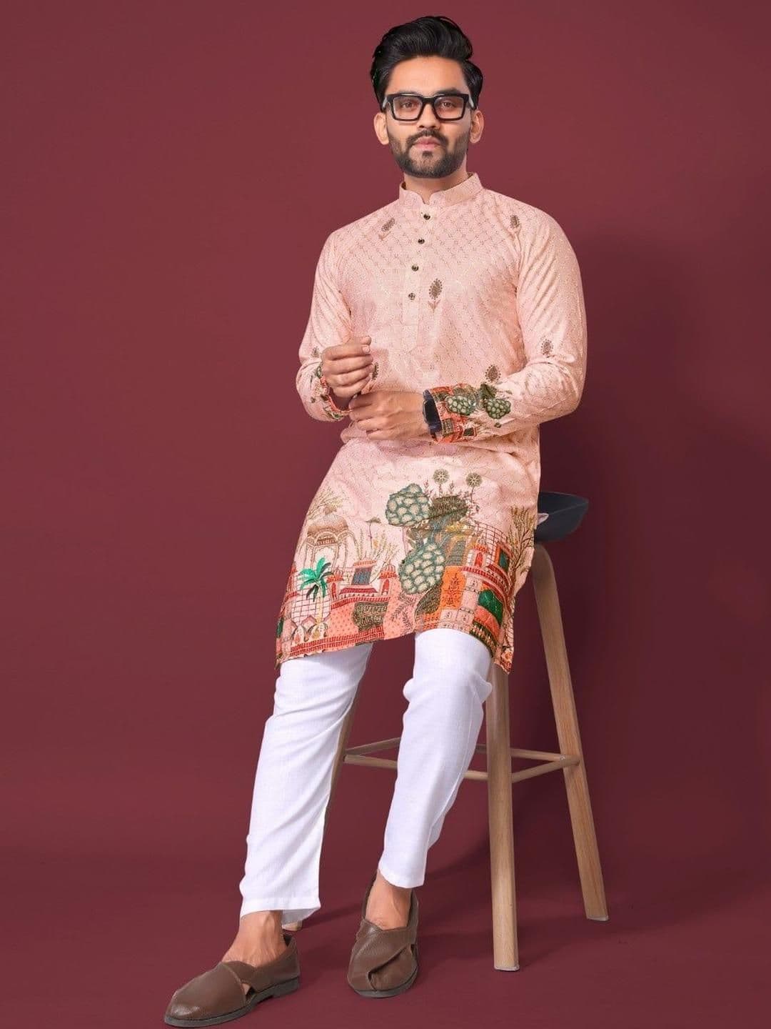 LADY BERRY Men Floral Printed Sequinned Shadow Work Kurta - view 1