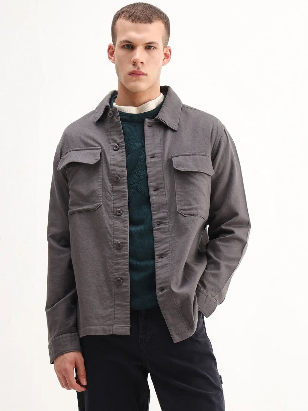 RARE RABBIT Men Grey Regular Fit Plain Casual Shacket - view 1