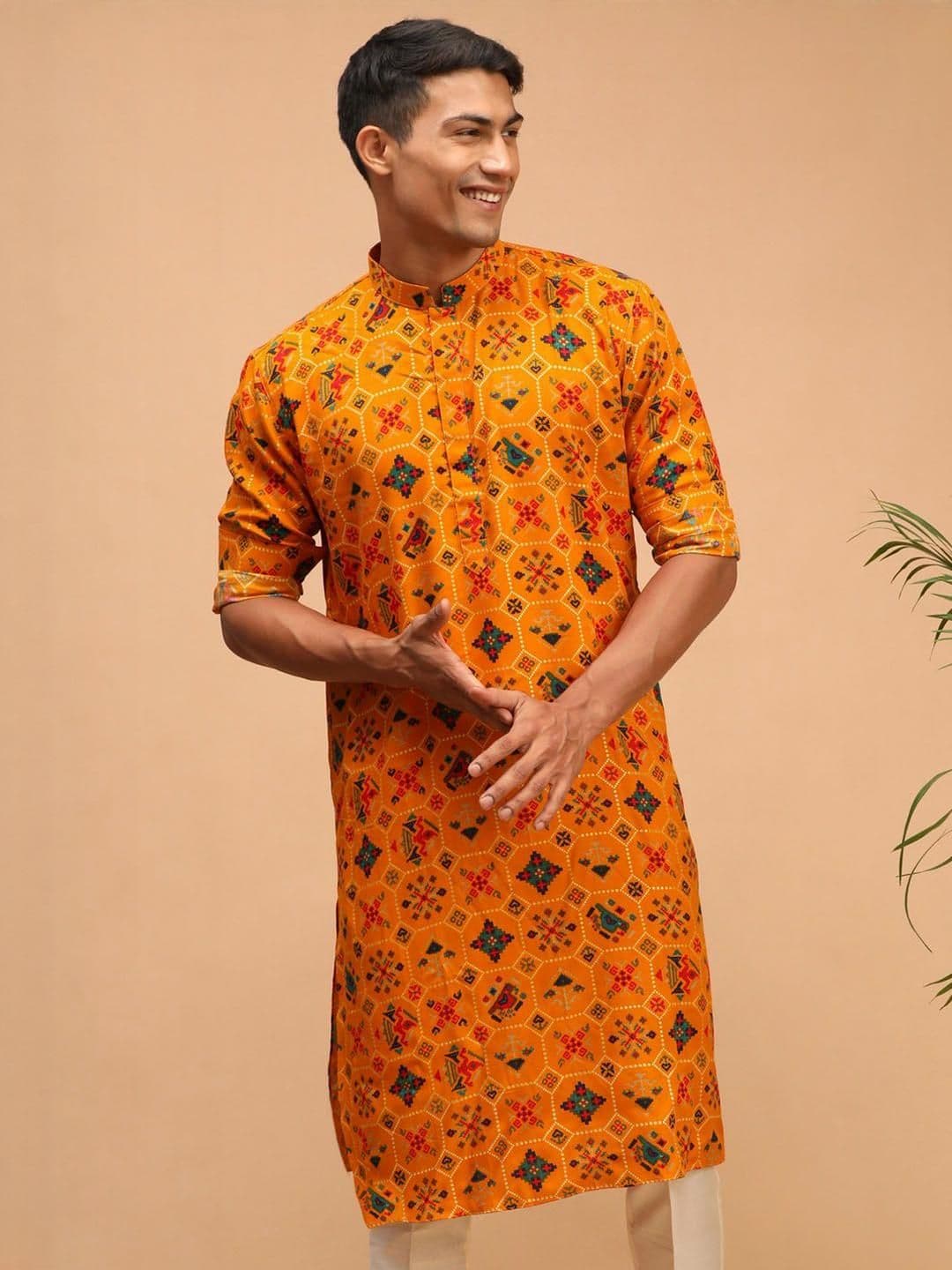 VASTRAMAY Men Yellow Rayon Patola Printed Kurta - view 1