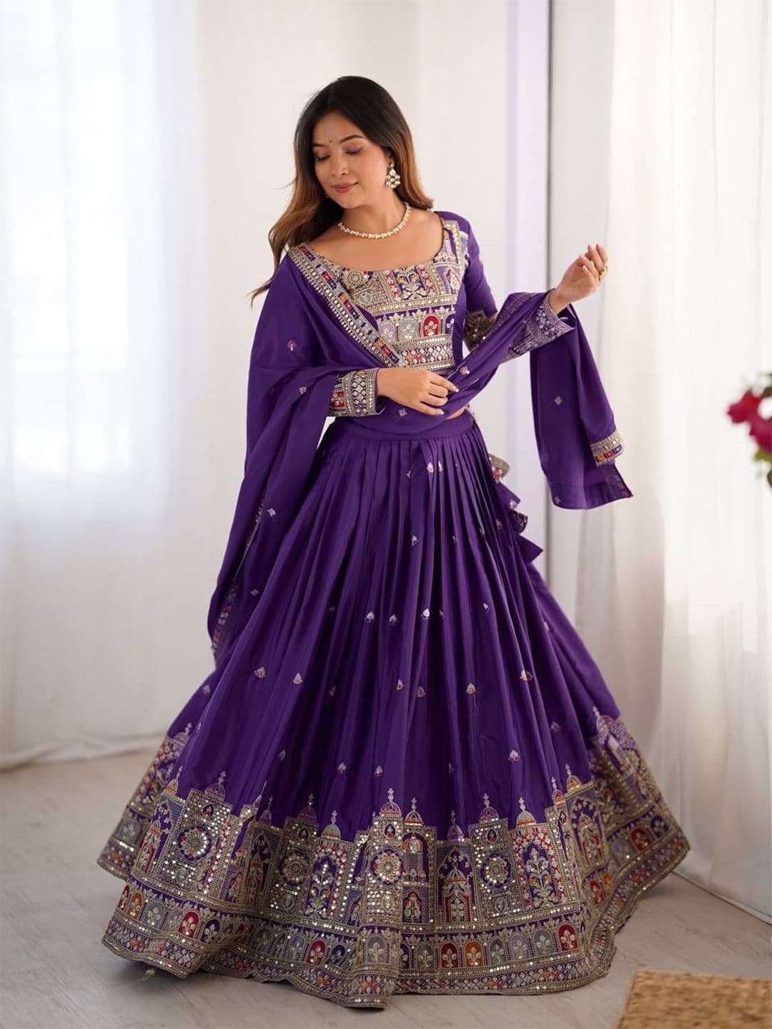 JIHU CULTURE Embroidered Semi-Stitched Lehenga & Unstitched Blouse With Dupatta - view 1