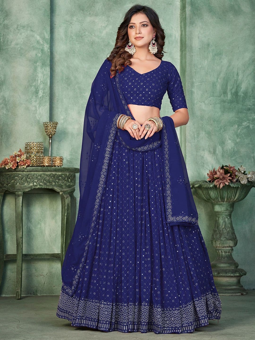 KALINI Embroidered Semi-Stitched Poly Georgette Lehenga & Unstitched Blouse With Dupatta - view 1