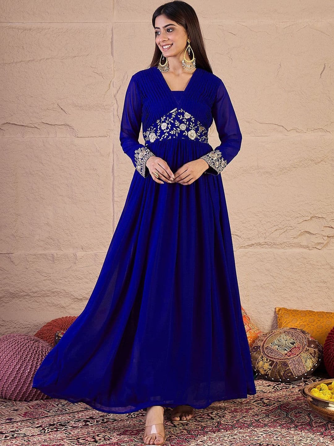 Inddus Floral Zari and Sequinned Embroidered Pleated A-Line Ethnic Dress - view 1