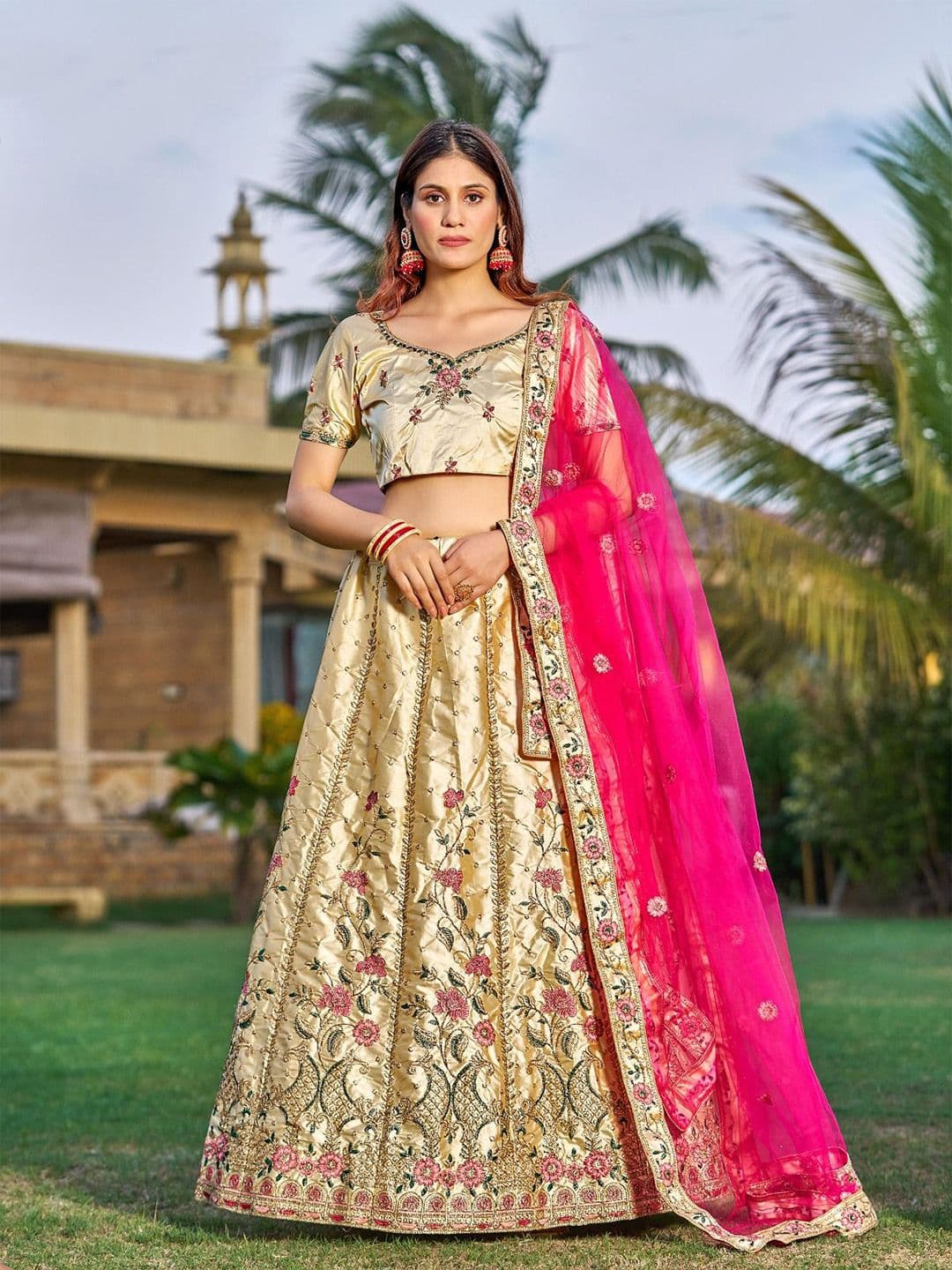 KALINI Embroidered Thread Work Semi-Stitched Lehenga & Unstitched Blouse With Dupatta - view 1