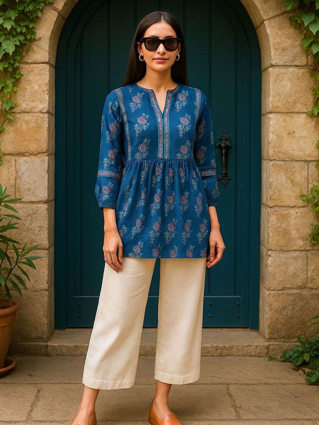 THIRD QUADRANT Women Ethnic Motifs Printed V-Neck Short Kurti - view 1