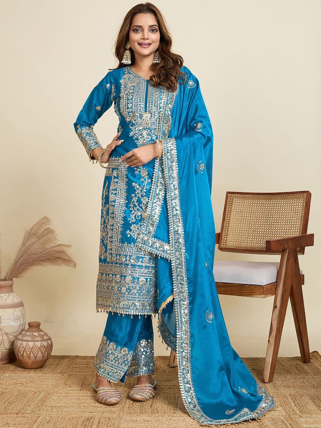 AKSHARAM Women Floral Embroidered Regular Sequinned Kurta with Trousers & With Dupatta - view 1