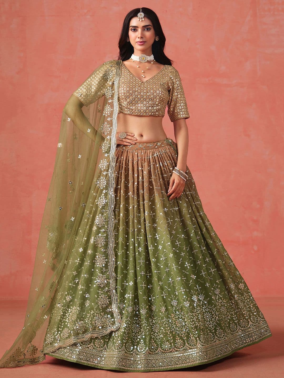 ETHNIC PLUS Sequinned Embroidered Lehenga Choli With Dupatta - view 1