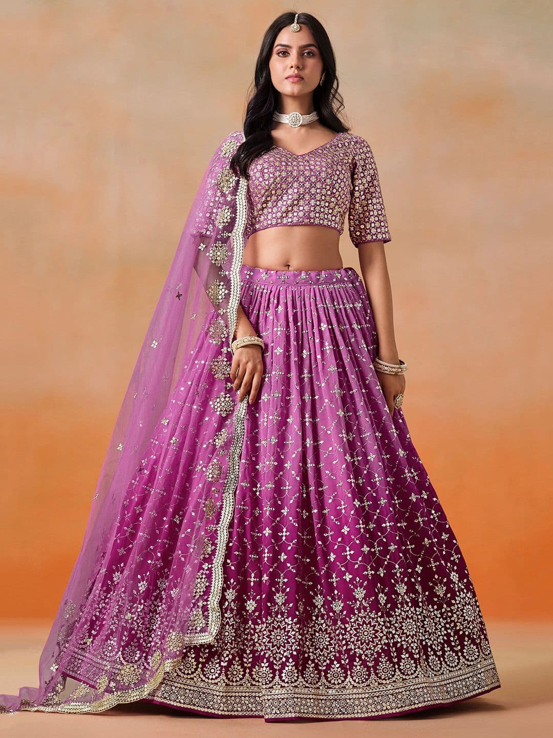 ETHNIC PLUS Pink Embroidered Sequinned Semi-Stitched Georgette Lehenga & Blouse With Dupatta - view 1