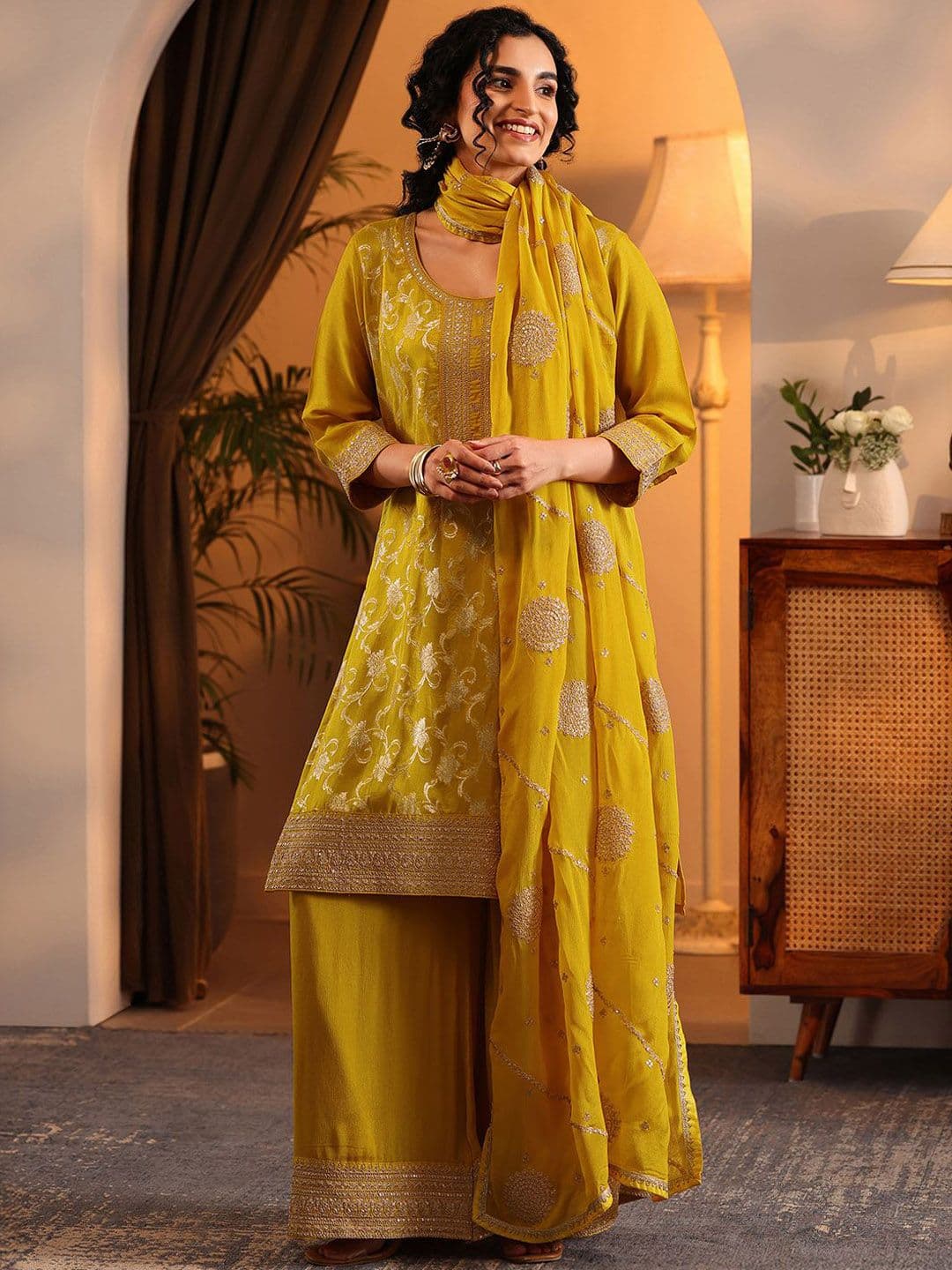 Libas Women Ethnic Motif Woven Design Sequinned Kurta with Palazzos & Dupatta - view 1