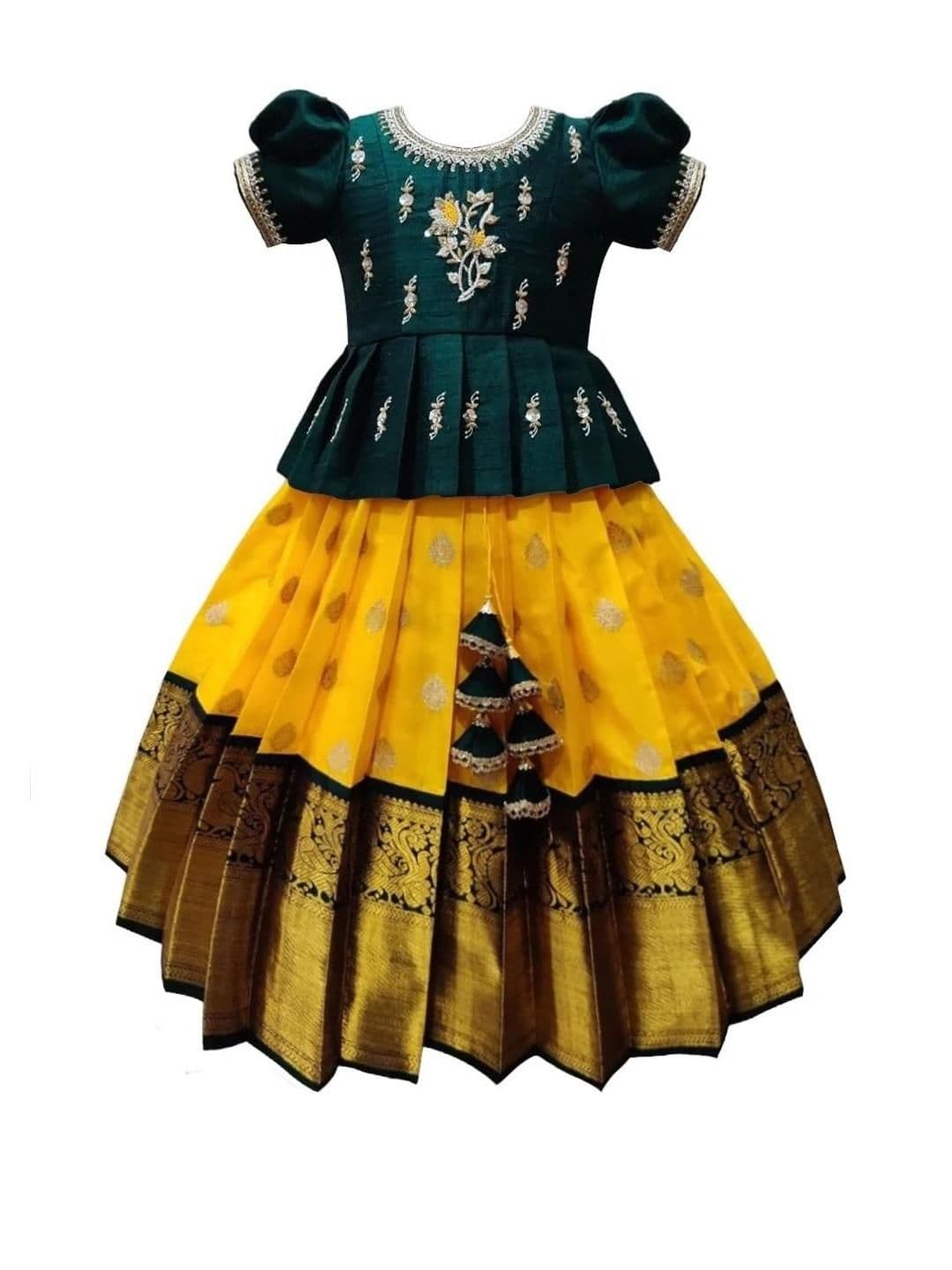 White Button Girls Embroidered Ready to Wear Lehenga & Blouse Woven Design - view 1