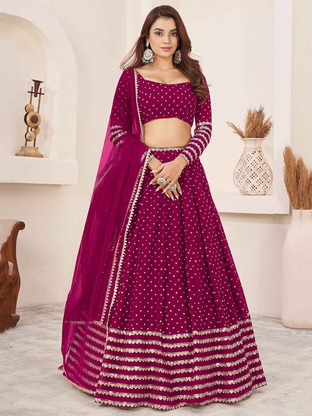 ETHNIC PLUS Pink Embroidered Georgette Semi-Stitched Lehenga & Unstitched Blouse With Dupatta - view 1
