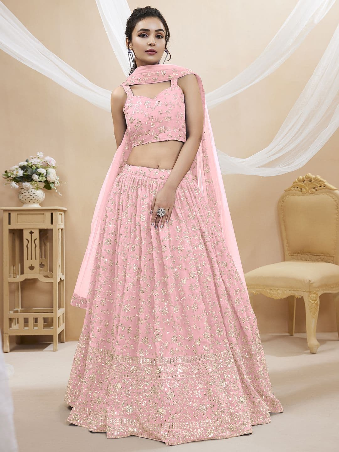 ETHNIC PLUS Pink Embroidered Sequinned Semi-Stitched Lehenga & Unstitched Blouse With Dupatta - view 1