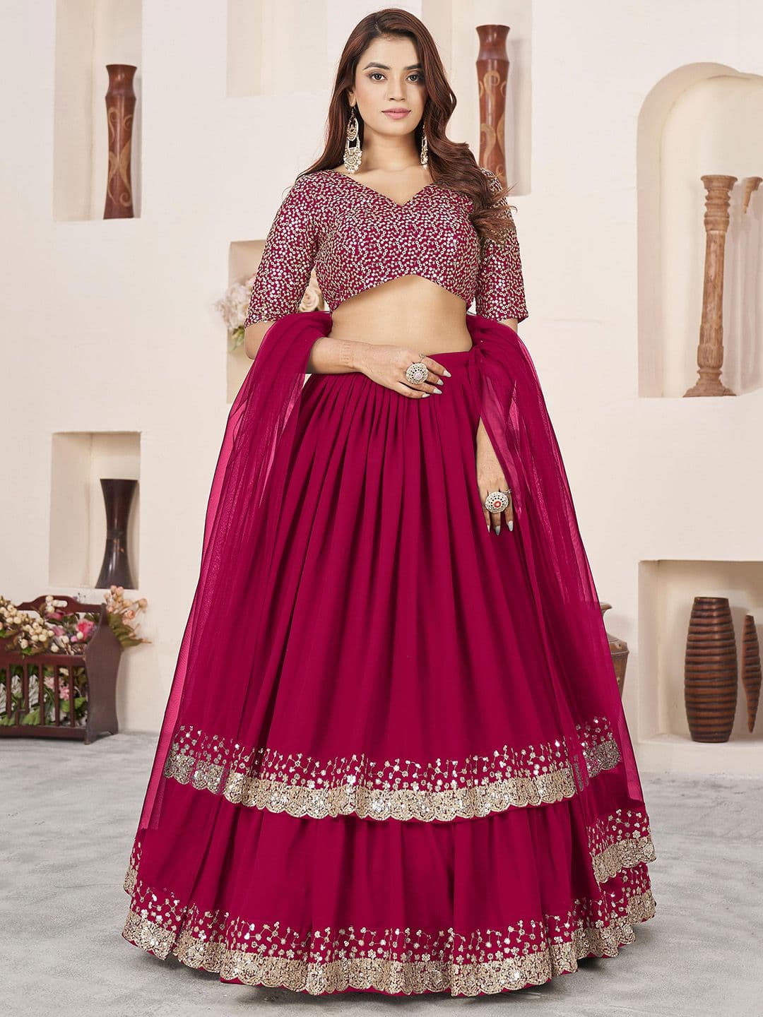 ETHNIC PLUS Pink Embellished Sequinned Semi-Stitched Georgette Lehenga & Blouse With Dupatta - view 1
