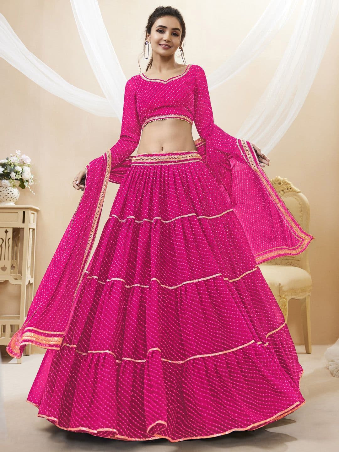 ETHNIC PLUS Pink Bandhani Printed Semi-Stitched Georgette Lehenga & Blouse With Dupatta - view 1