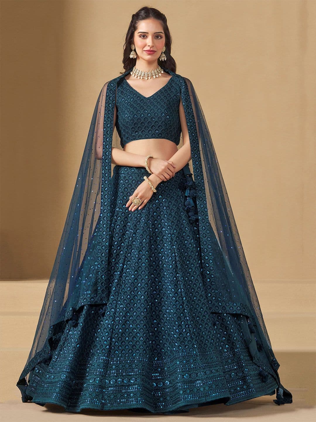 ETHNIC PLUS Sequinned Embroidered Lehenga Choli With Dupatta - view 1