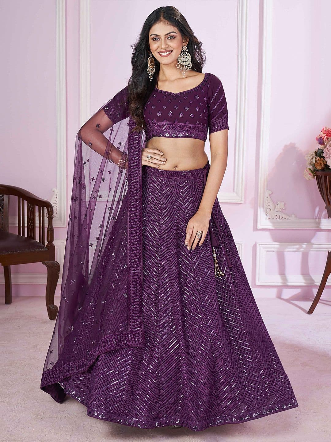 ETHNIC PLUS Sequinned Embroidered Lehenga Choli With Dupatta - view 1