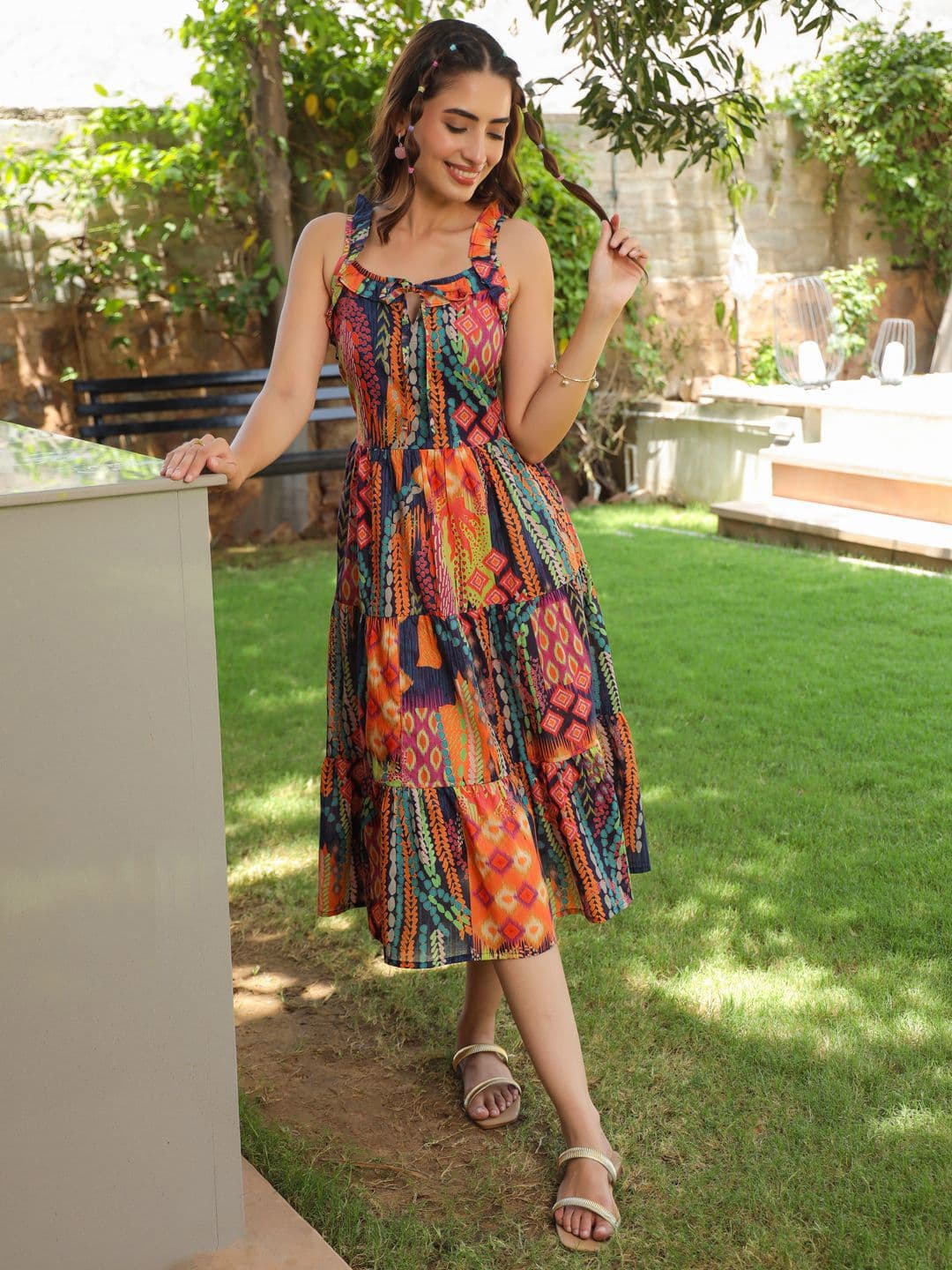 Rain & Rainbow Multicoloured Printed Fit & Flare Ethnic Dress - view 1