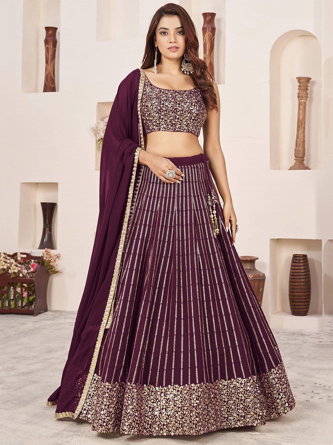 ETHNIC PLUS Maroon Embroidered Georgette Semi-Stitched Lehenga & Unstitched Blouse With Dupatta - view 1