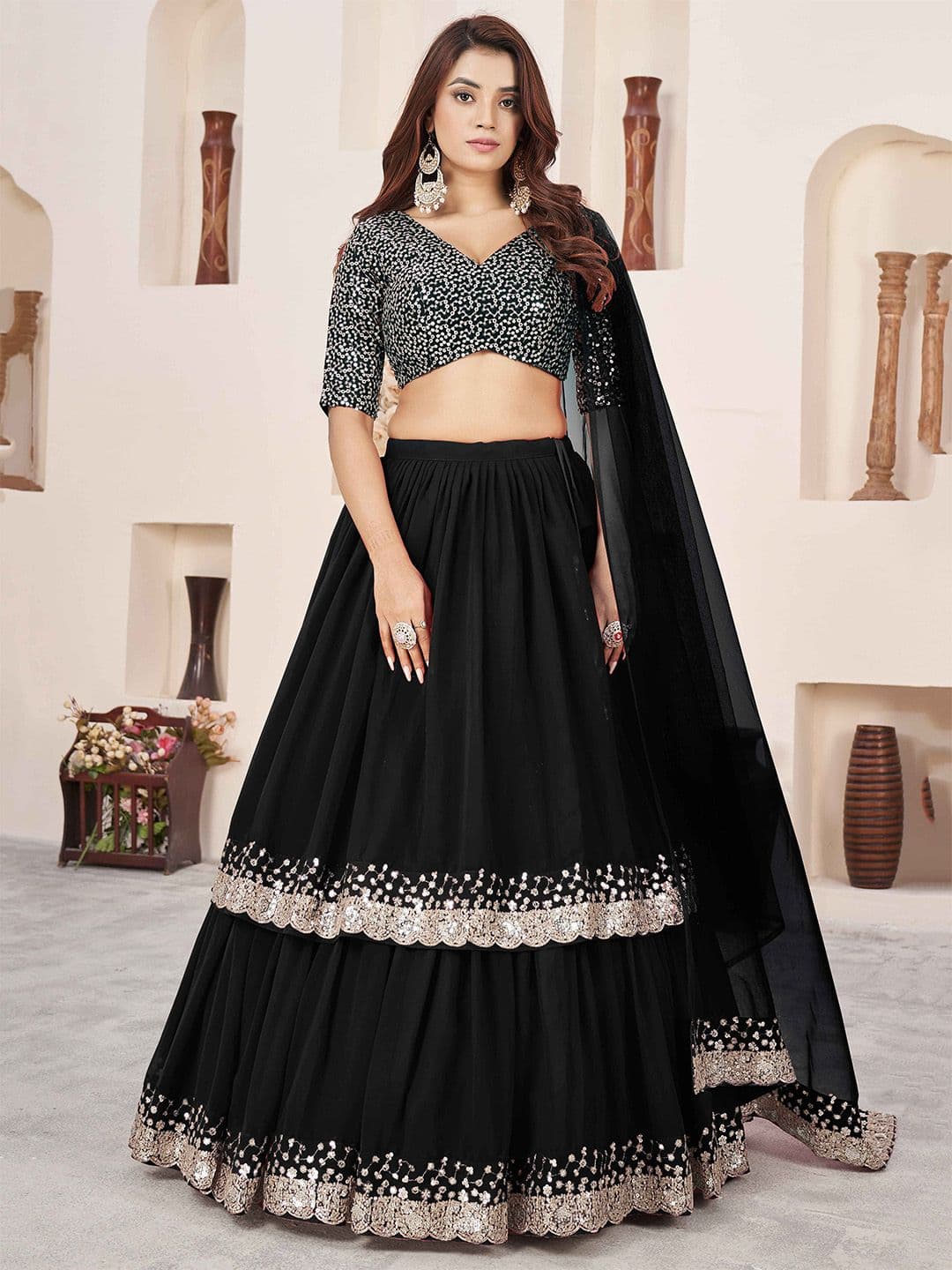 ETHNIC PLUS Black Embellished Sequinned Semi-Stitched Georgette Lehenga & Blouse With Dupatta - view 1
