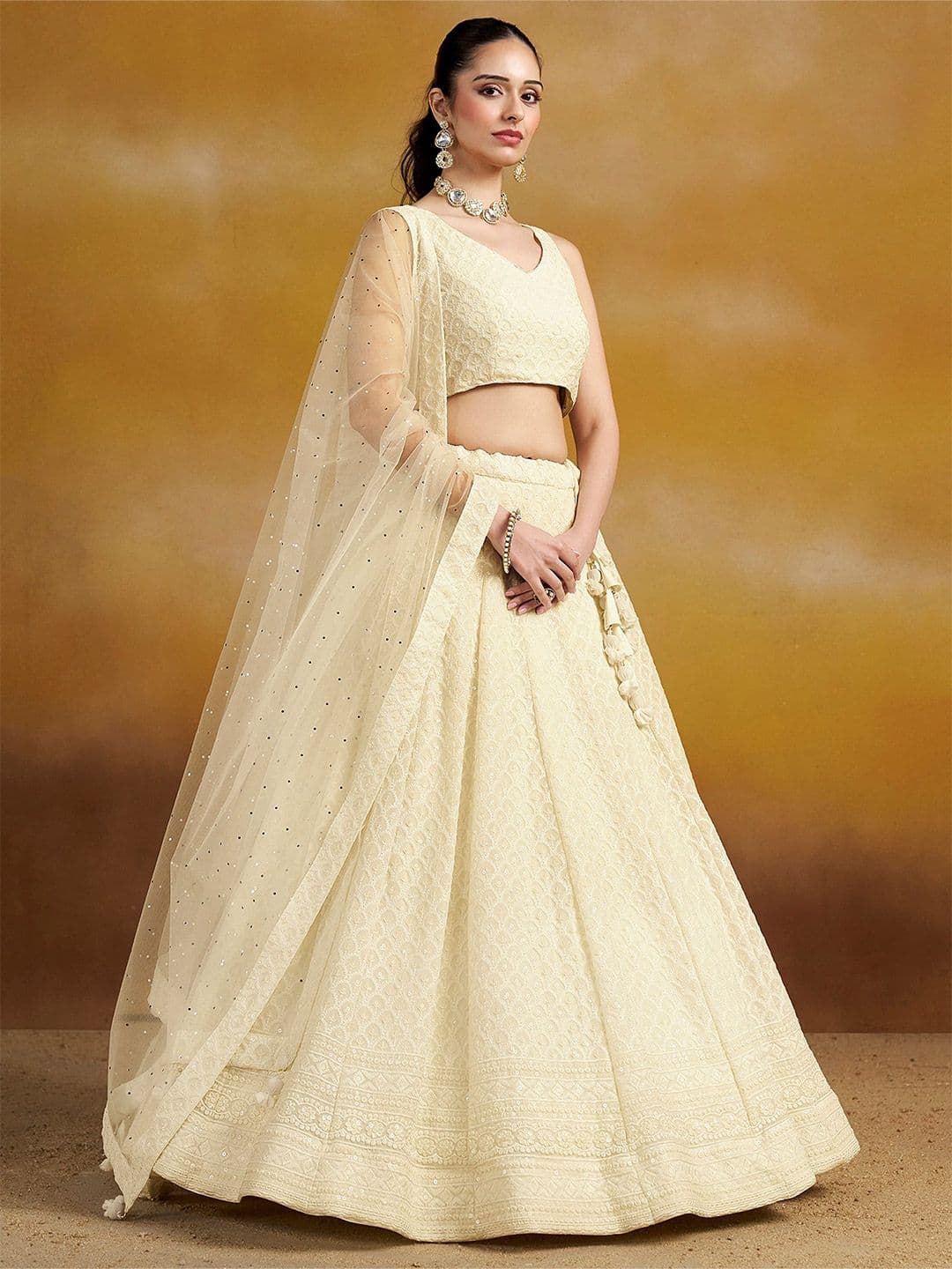ETHNIC PLUS White Embroidered Sequinned Semi-Stitched Georgette Lehenga & Blouse With Dupatta - view 1
