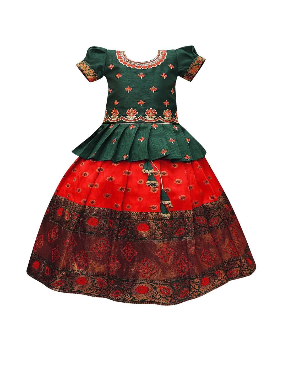 PW PLATYPUS WORLD Girls Red & Green Embroidered Lehenga & Blouse Cotton - view 1