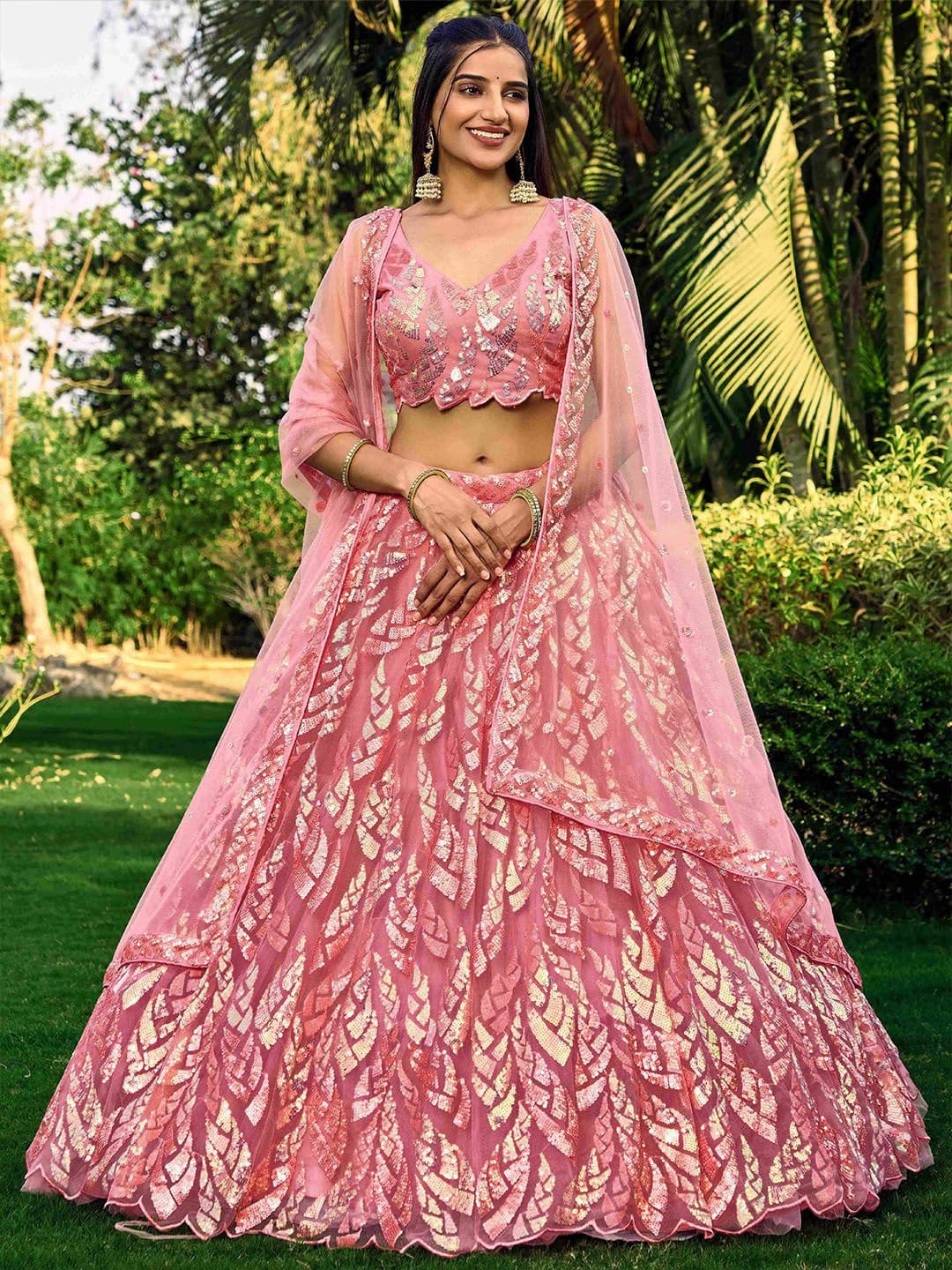 ETHNIC PLUS Pink Embroidered Sequinned Semi-Stitched Net Lehenga & Blouse With Dupatta - view 1