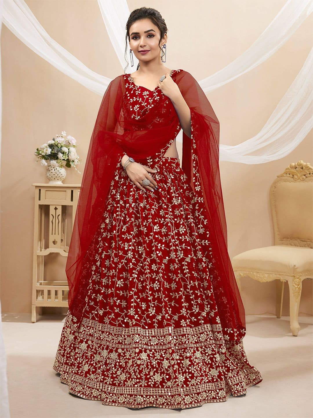 ETHNIC PLUS Embroidered Gotta Patti Semi-Stitched Lehenga & Unstitched Blouse With Dupatta - view 1