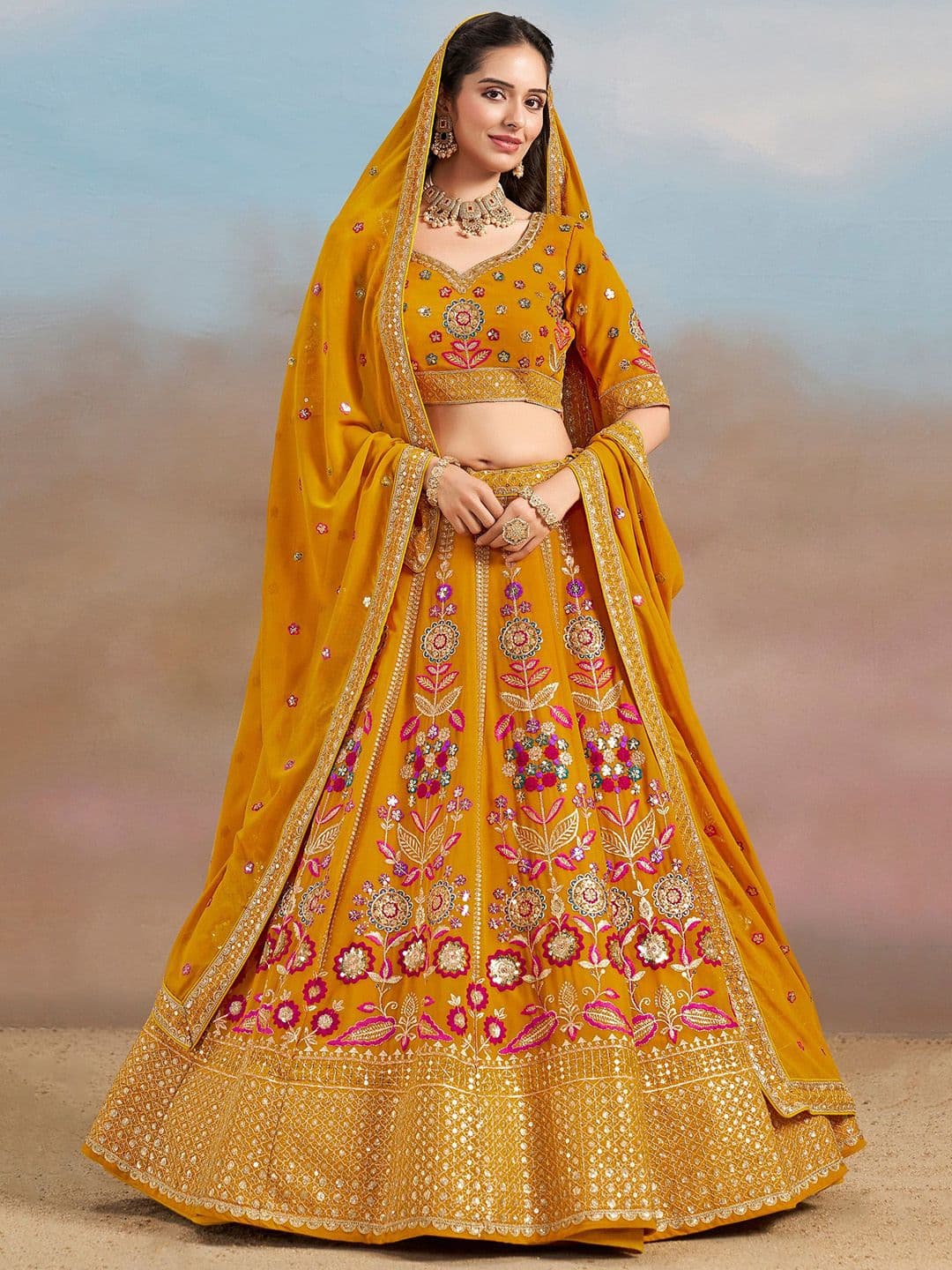 ETHNIC PLUS Yellow Embroidered Sequinned Semi-Stitched Georgette Lehenga & Blouse With Dupatta - view 1