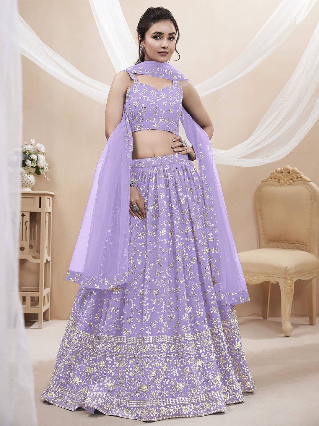 ETHNIC PLUS Lavender Embroidered Georgette Semi-Stitched Lehenga & Unstitched Blouse With Dupatta - view 1