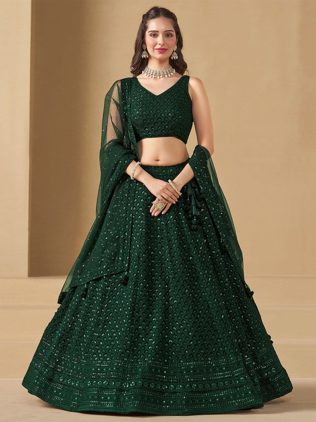 ETHNIC PLUS Embroidered Sequinned Semi-Stitched Georgette Lehenga & Blouse With Dupatta - view 1