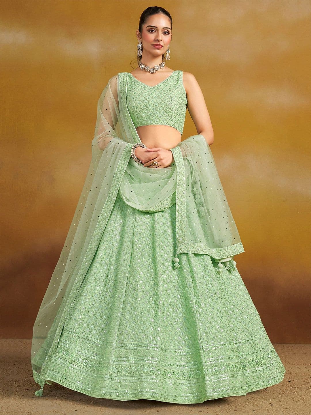 ETHNIC PLUS Mint Embroidered Sequinned Semi-Stitched Georgette Lehenga & Blouse With Dupatta - view 1