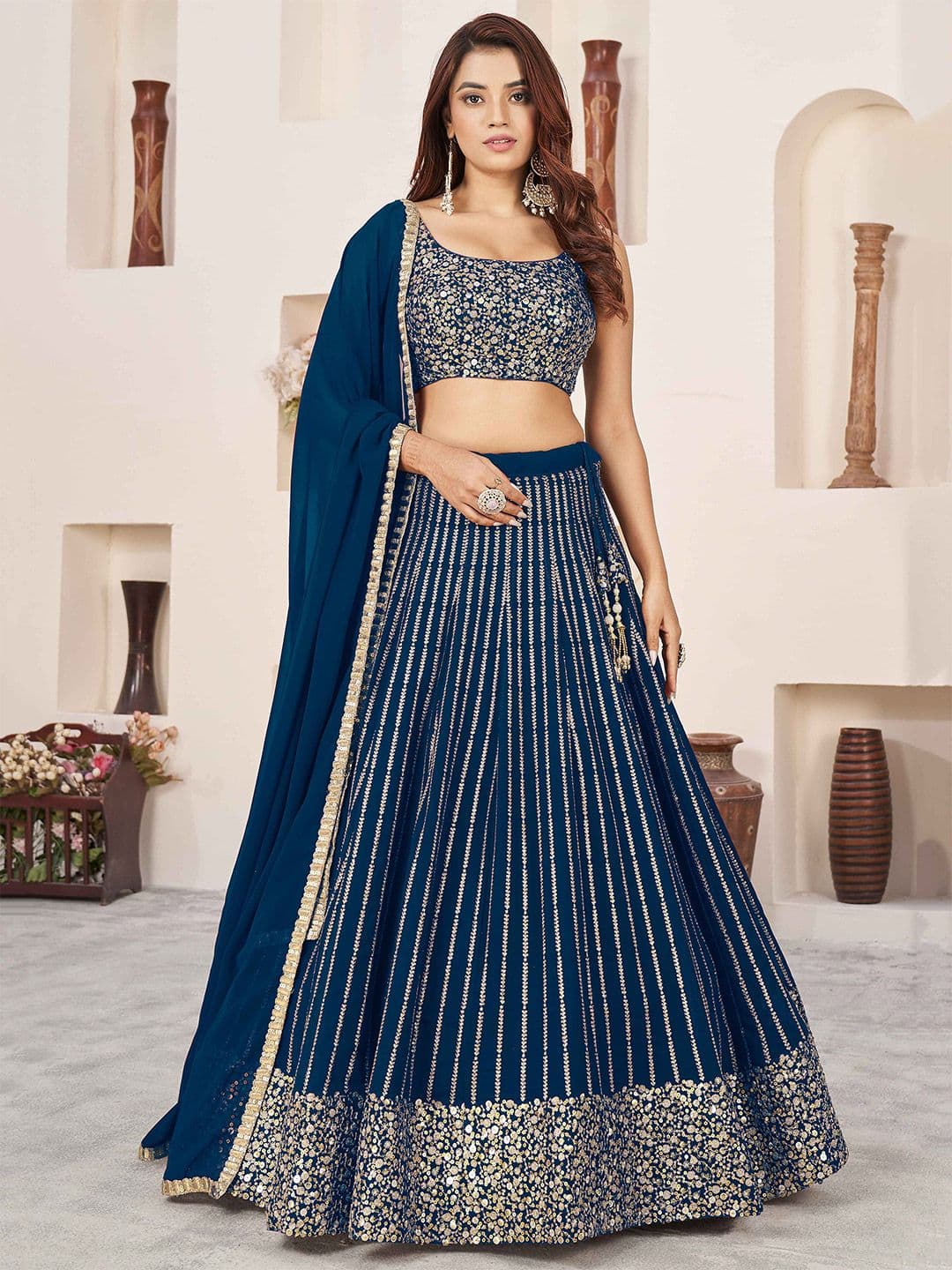 ETHNIC PLUS Sequinned Embroidered Lehenga Choli With Dupatta - view 1