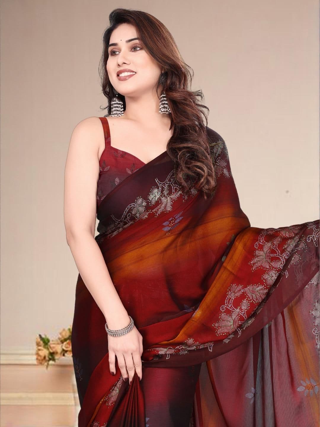 SUPERLAXMI Floral Zari Pure Chiffon Designer Leheriya Saree - view 1
