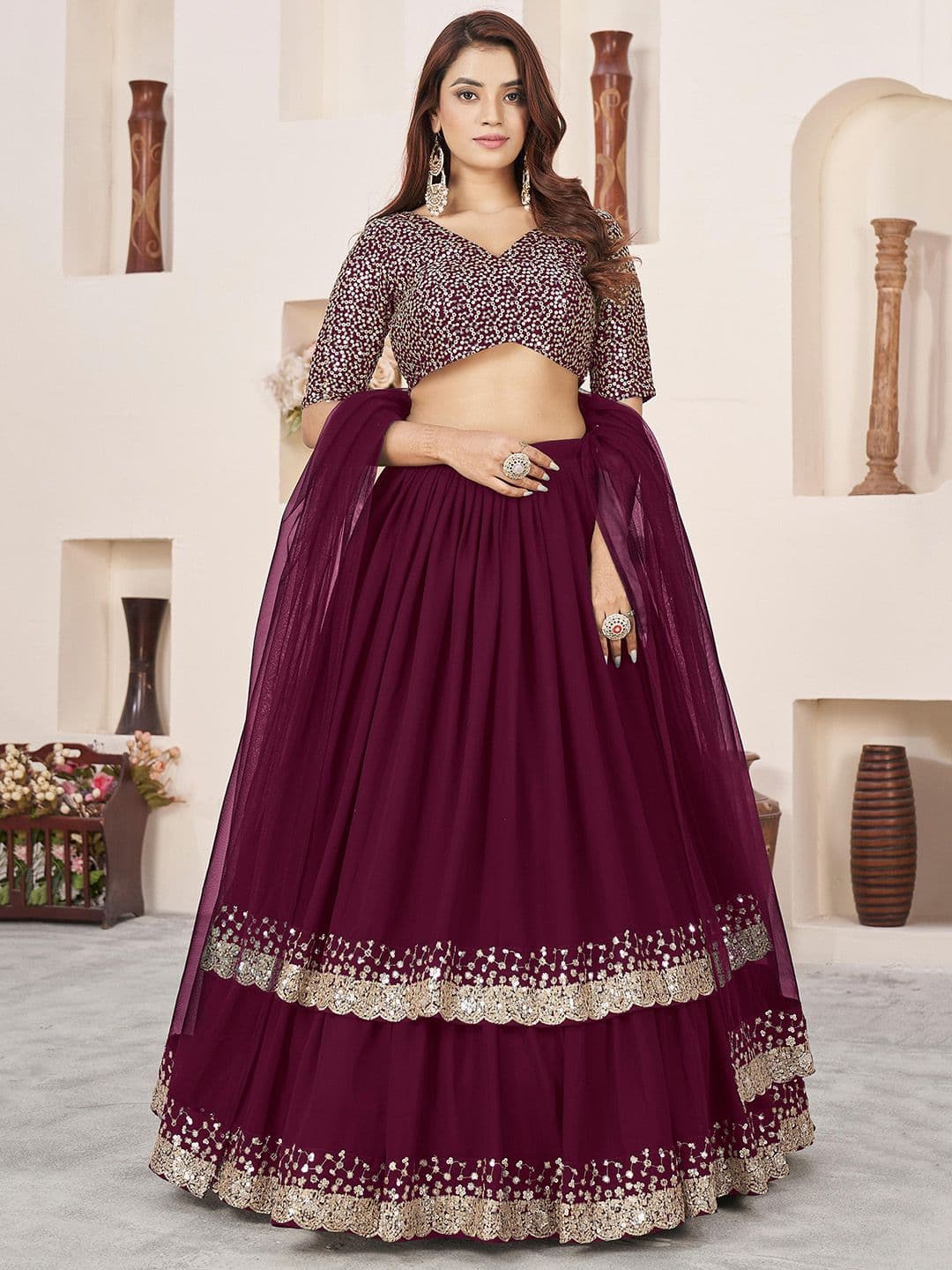 ETHNIC PLUS Purple Embroidered Georgette Semi-Stitched Lehenga & Unstitched Blouse With Dupatta - view 1