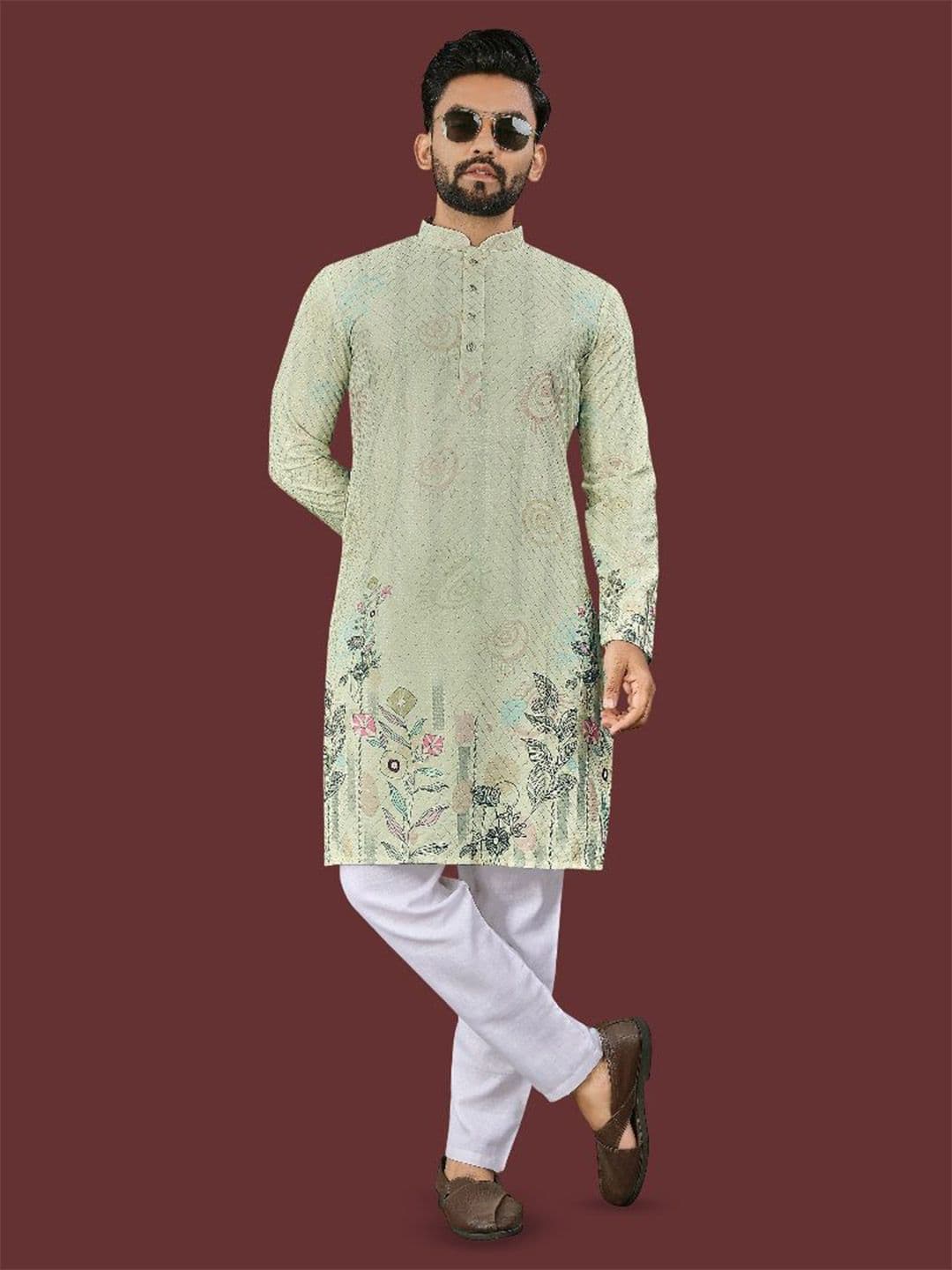 WELL TEX Men Floral Embroidered Mandarin Collar Kurta Set - view 1
