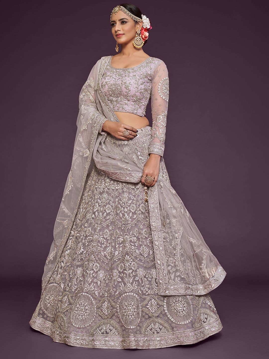 ETHNIC PLUS Floral Embellished Semi-Stitched Lehenga & Unstitched Blouse With Dupatta - view 1