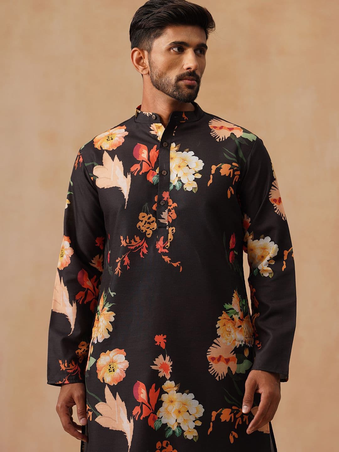 Jompers Floral Printed Mandarin Collar Straight Cotton Kurta - view 1