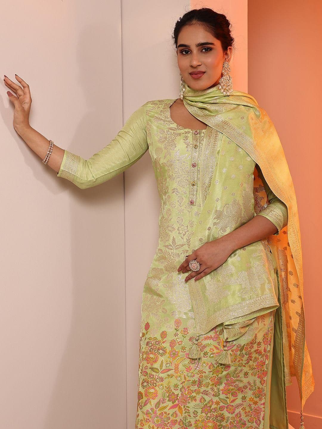 Libas Floral Printed U-Neck Zari Straight Kurta With Trouser And Dupatta - view 1