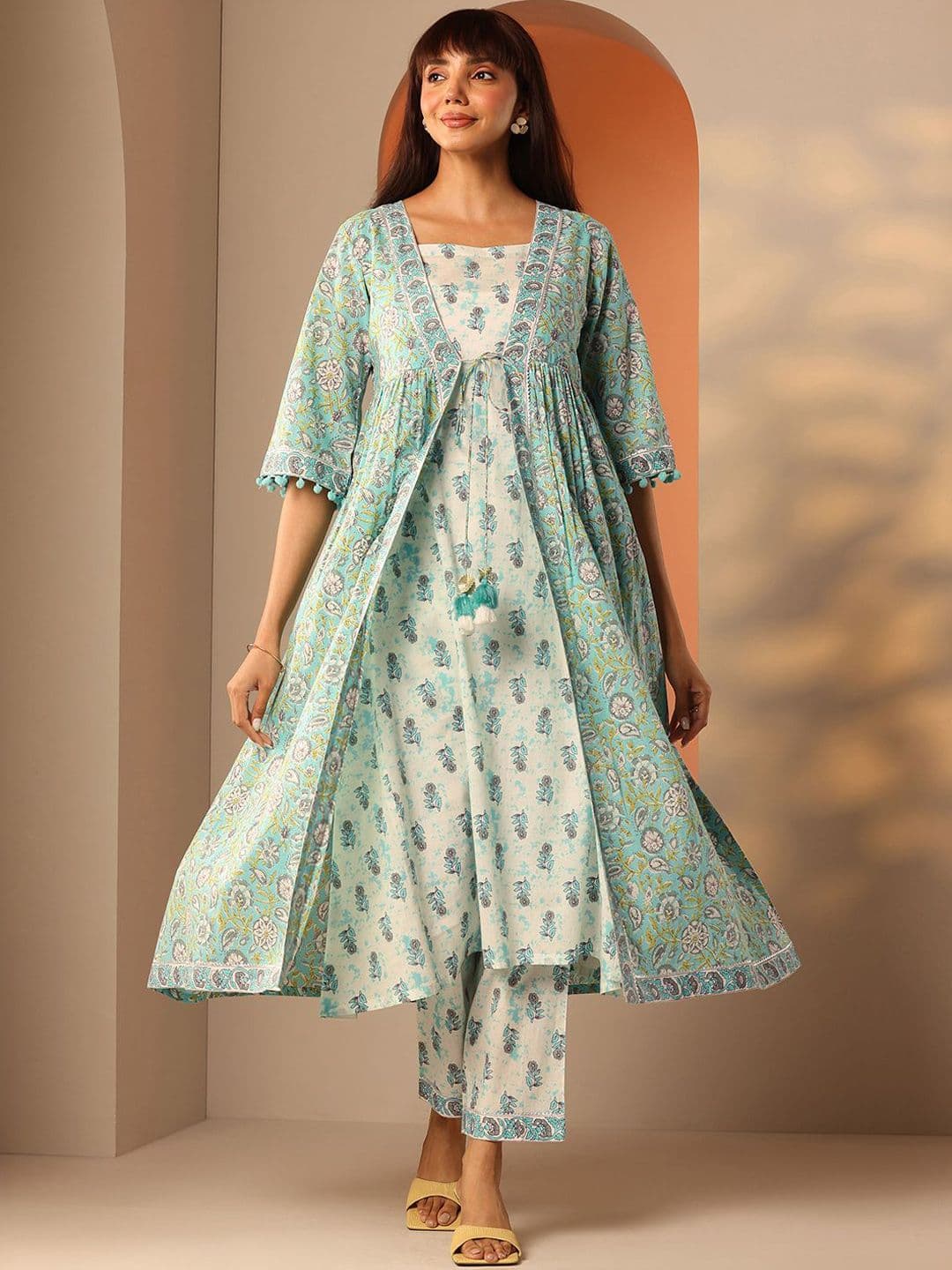 Libas Floral Printed A-Line Kurta With Trousers & jacket - view 1