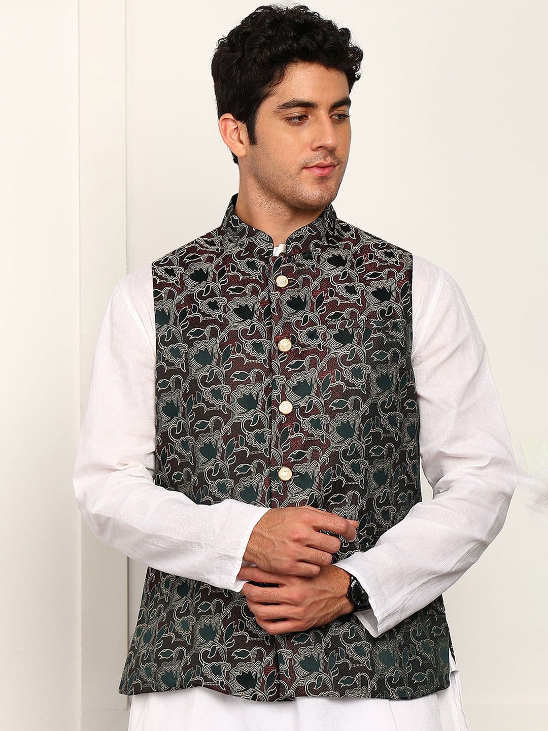 House of Pataudi Woven Design Mandarin Collar Nehru Jacket - view 1