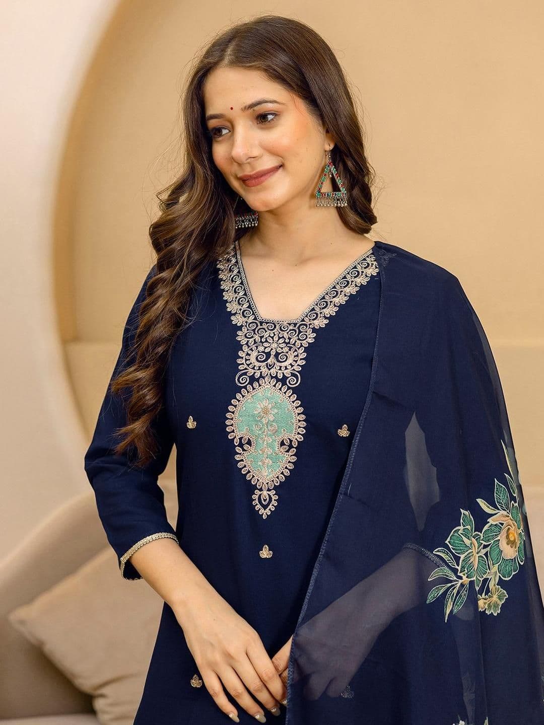 SKYLEE Floral Embroidered Square Neck Thread Work Kurta With Trousers & Dupatta - view 1