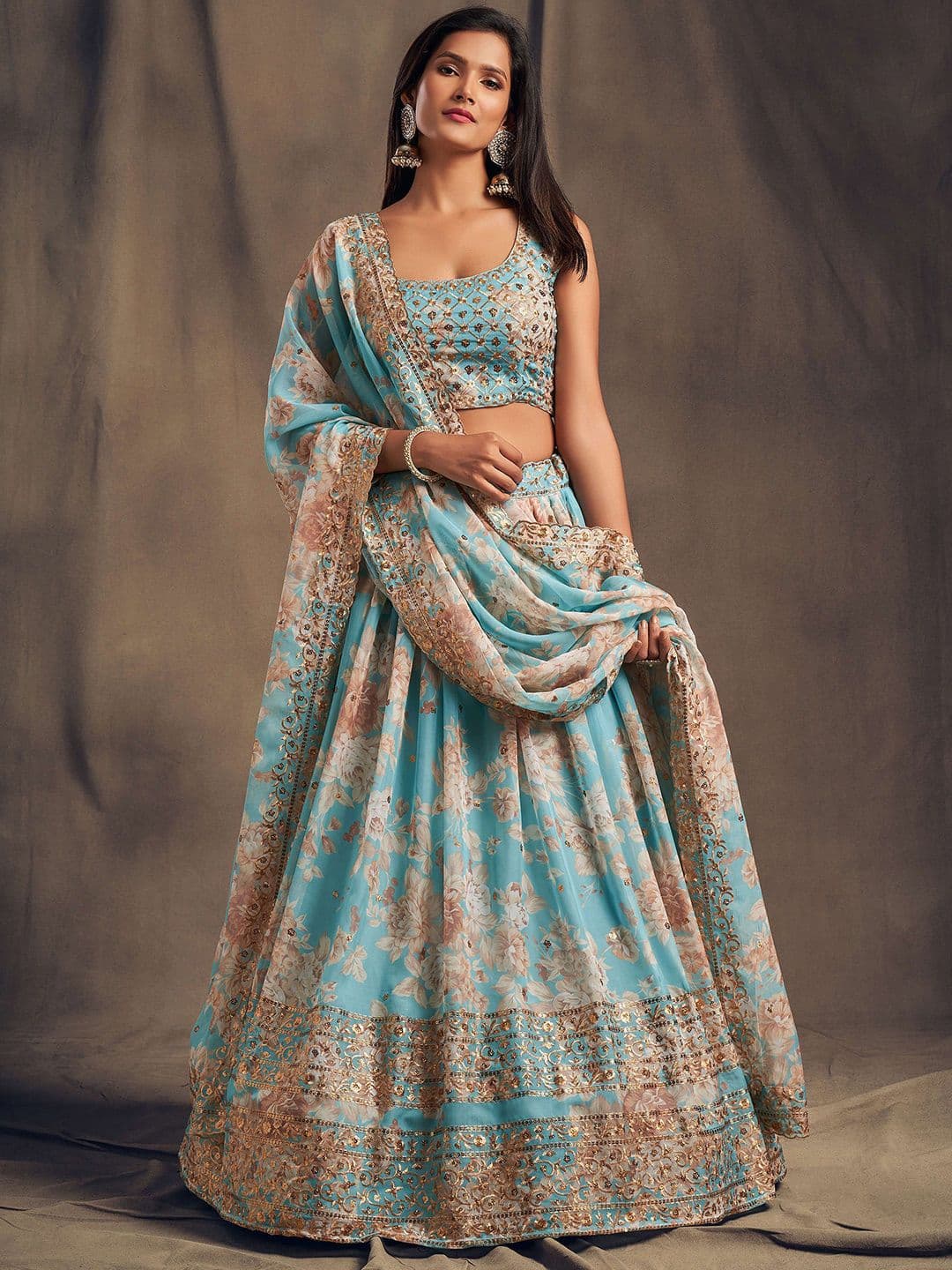 ETHNIC PLUS Sequinned Embroidered Printed Organza Lehenga Choli With Dupatta - view 1