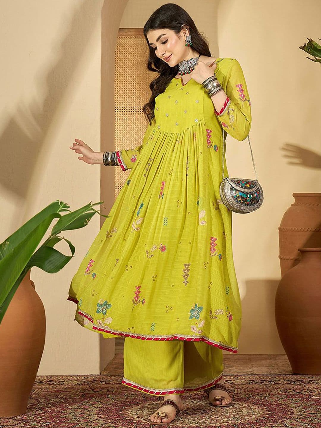 Sangria Women Floral Woven Design Zari Anarakli Kurta With Trousers & Dupatta - view 1