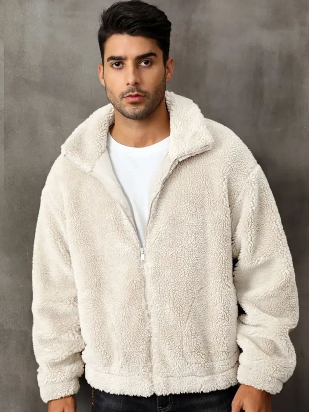 Be Savage Men Stand Collar Solid Lightweight Sherpa Jacket