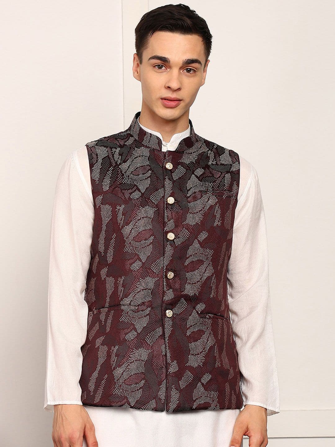 House of Pataudi Woven Design Mandarin Collar Nehru Jacket - view 1