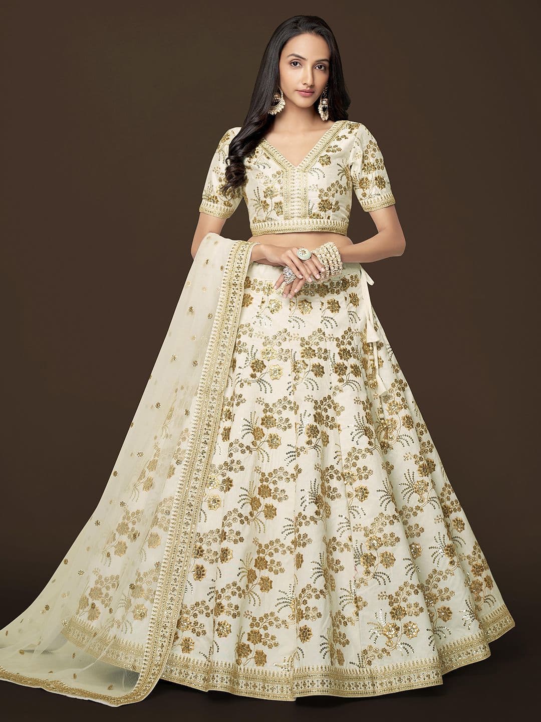 ETHNIC PLUS Sequinned Embroidered Silk Lehenga Choli With Dupatta - view 1